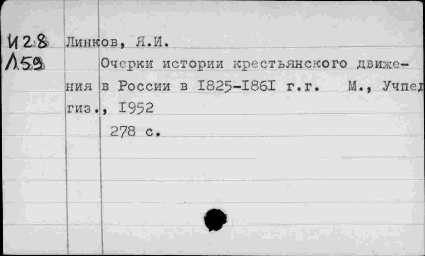 ﻿Й2&
Лба
Линков, Я.И.
Очерки истории крестьянского движе
ния в России в 1825-1861 г.г. М., гиз., 1952
I 278 с.